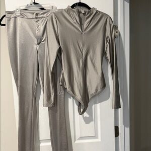 SKIMS Metallic Silver Bodysuit and Pants Set